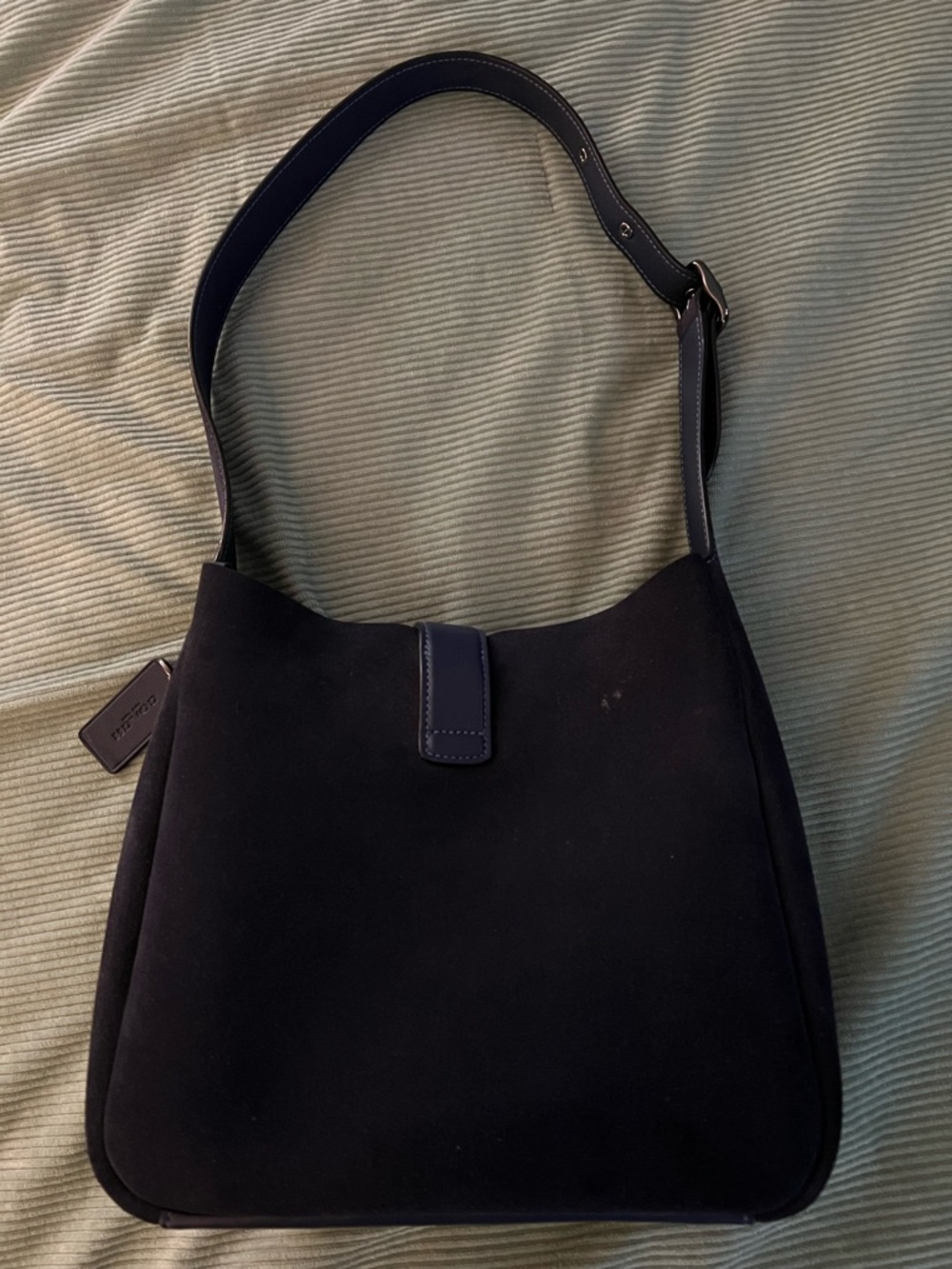 Coach Navy Suede Shoulder Bag with Polished Logo - Picture 2 of 9